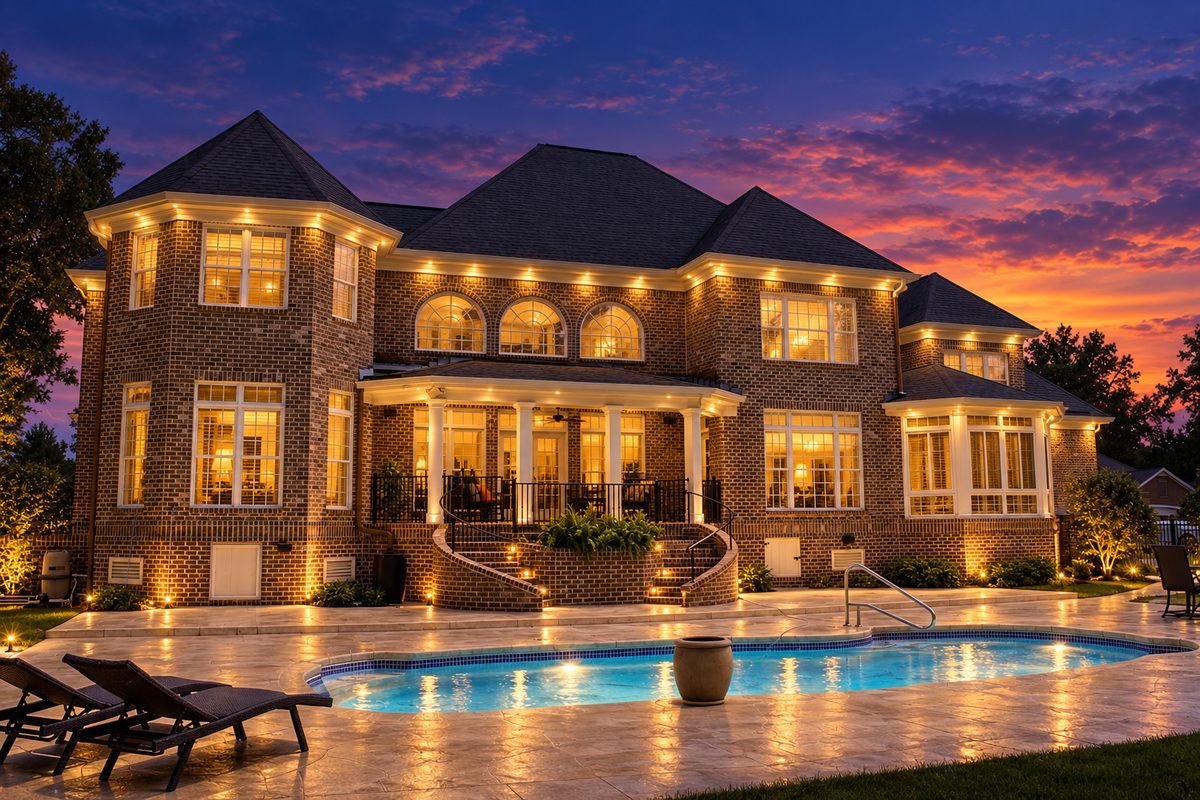 Warm white lighting visualization along the rear of a house